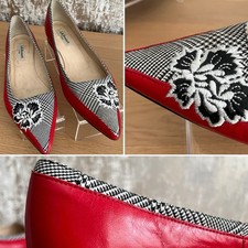 LK Bennett Leather Pointed Toe Shoes Red & Black Size 5 Flat Heel Floral Detail