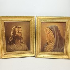 Vintage Jesus Christ Portrait & Mary Mother of Jesus Framed Set