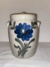 Vintage 1940s Stoneware Crock Pottery Cookie Jar Hand Painted Blue Flower 10"