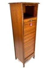 Antique Mid Century Wooden Oak Tambour Fronted Filing Cabinet with Keys & Shelf