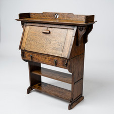 Antique Solid Oak Bureau Desk Arts & Crafts Style Drop Front Writing Desk