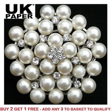 NEW LARGE GOLD OR SILVER TONE WHITE FAUX PEARL RHINESTONE CRYSTAL FLOWER BROOCH