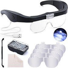Rechargeable Headband Magnifier - LED Light Hands Free Close Work Glasses Black