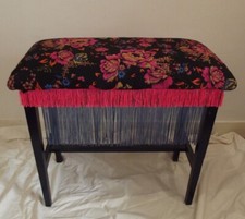 VINTAGE  -WOOD VANITY/PIANO STOOL  - RE UPHOLSTERED Floral Design And Fringing
