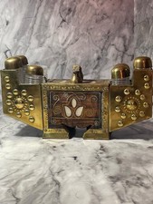 Turkish Shoe Shine Box Kit Replica Hammered Brass & Wood Plastic Bottles