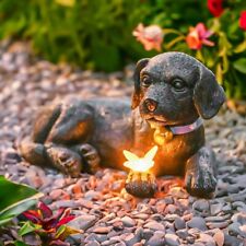 Solar Dog Garden Ornament LED Light Up Puppy Statue Labrador Butterfly Decor