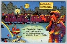 Tipsy Camper, Teardrop Trailer Park, Gypsy Living, 1937 Comic Linen Postcard