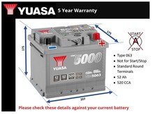 Car Battery YBX5063 Yuasa 063 520A 52Ah 5Yr WTY 207x175x175 Silver High Perf.