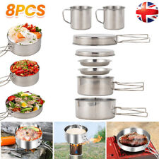 Camping Cookware Mess Kit 8PCS Stainless Steel Cooking Pot Fry Pan Bowl BBQ Set
