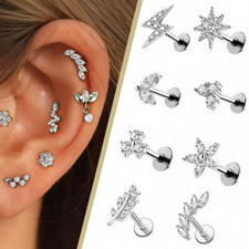 Labret Lip Piercing Ear Ring Surgical Steel Stud Gems Flat Back Tragus Helix 16g