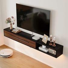 Floating TV Unit with Hidden Storage and Open Shelf, 140cm 2-Door, Walnut&Black