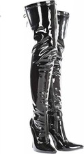 Women's Patent Faux Leather Thigh-High Stiletto Heel Boots Lace-Up Back Side Zip