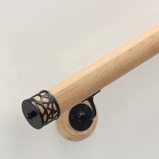 Oak Round Mopstick Handrail Kit with Black Filigree End Caps & Wall Brackets