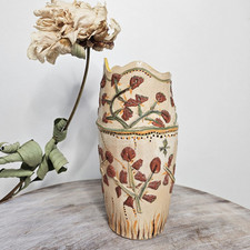 Studio Pottery Vase Vtg 1990s Bird Florals Retro Folk Relief Scalloped
