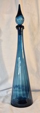Vintage 60’s Empoli Italy Handblown Blue Genie Bottle Flame Glass Decanter 19”