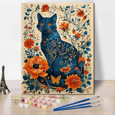 TISHIRON A Cat with Flowers and Butterflies Paint by Numbers Kit for Adults - Li