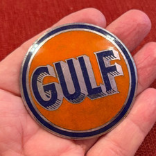 Antique GULF OIL GAS GASOLINE Radiator Grill Enamel Metal Badge Emblem Nameplate