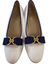 Rayne White Loafers Leather Upper Navy Ribbon Gold Embellishment Size 9 UK