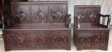 Pair of carved Brazilian mahogany panelled box settles (ref 626)