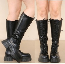 Ladies Black Knee High Chunky Platform Boots Lace Up Front Side Zip Grunge Style