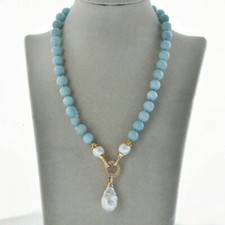 Natural Blue Aquamarine Gems Beaded White Keshi Baroque Pearl Pendant Necklace