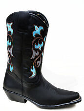 Ladies Santa Fe Western Cowboy Boots Navajo Black Leather Turquoise Embroidery