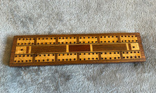 VINTAGE SOLID WOODEN TEAK  CRIBBAGE BOARD INLAID BOXWOOD WITH PEG COMPARTMENT