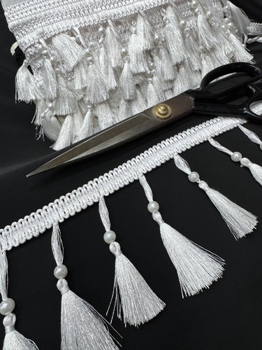 White pearl tassel fringe trim - white,
