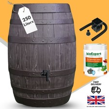 Rustic Oak Barrel Look Water Butt Kit with Tap, Diverter & Cleaner for Garden