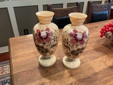 Antique Pair (2) Victorian Bristol Glass Vases Hand Paint Bas Relief Enamel 12”