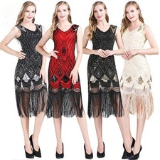 Ladies Vintage Style Fringe Sequin Dress Bling Party Dance Sleeveless V-neck New