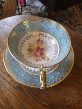 Aynsley Turquoise And Gilt With Rose Pattern Tea Cup And Saucer (Bay8)