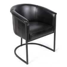 Genuine Black Leather Tub Dining Kitchen Chair with Black Metal Frame – 78×59×