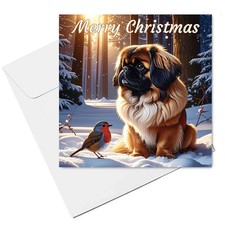 Pekingese Christmas Card  (15cm x 15cm) With Envelope, Pekingese & Robin