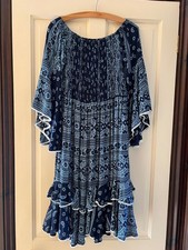 Smocked top Spanish Flamenco-style blue fun and flirty dress with bell sleeves S