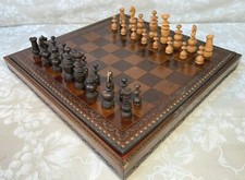 Vtg Leather Chess Game Board with Wooden Playing Pieces and Case