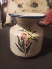 Purbeck Pottery Small Vase With Blue Rim And Floral Design, Speckled