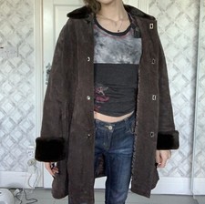 Grunge vintage brown real suede jacket with faux fur trim, metal buckles/clasps￼
