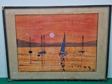 1972 Unframed Boats in Sunset Oil on Card Painting by the Artist R Wilson