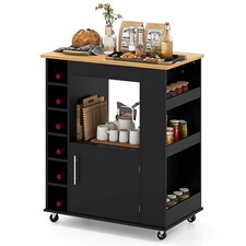 COSTWAY Kitchen Island Rolling Storage Cabinet Trolley Cart Shelves-Black