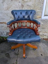 Vintage Blue Leather Chesterfield Style Swivel Captains Chair