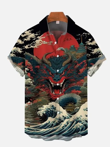 Mens dragon print hawaiian - print,
