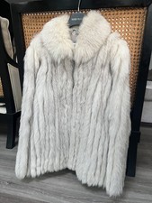 NATURAL REAL SAGA WHITE FOX FUR COAT JACKET MID LENGTH SILVER ARCTIC POLAR 12-14