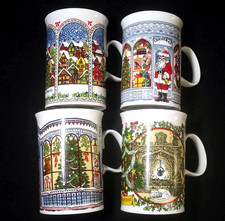Set of 4 Dunoon Bone China Traditional Christmas Design by Sue Scullard Mugs 4"h