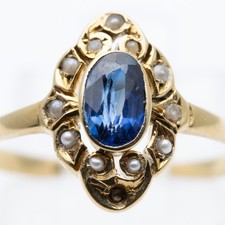 Antique Edwardian 18ct Yellow Gold Sapphire & Seed Pearl Ring – Size M ½
