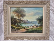 Vintage Signed “A. Avila” Mediterranean Landscape Oil Painting in Ornate...