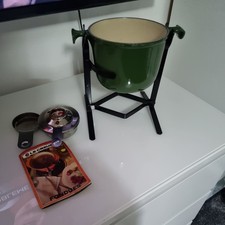 LE CREUSET Vintage Cobalt Green Cast Iron Fondue Set Burner Stand Pot . NO FORKS