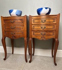 Pair Vintage French Carved 3 Drawer Cherrywood Bedside Drawers Table Unit