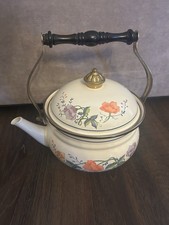 VTG Enamel Tea Kettle Teapot Floral Wooden Handle Brass Knob
