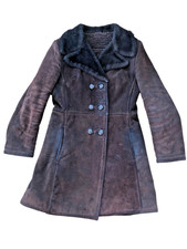 Ladies Vintage Brown Double Breasted Sheepskin Coat Size S (10)
